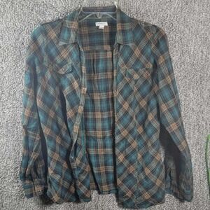 Relativity‎ Flannel Plaid Shirt Long Sleeve Button Up Teal Brown - Womens Medium